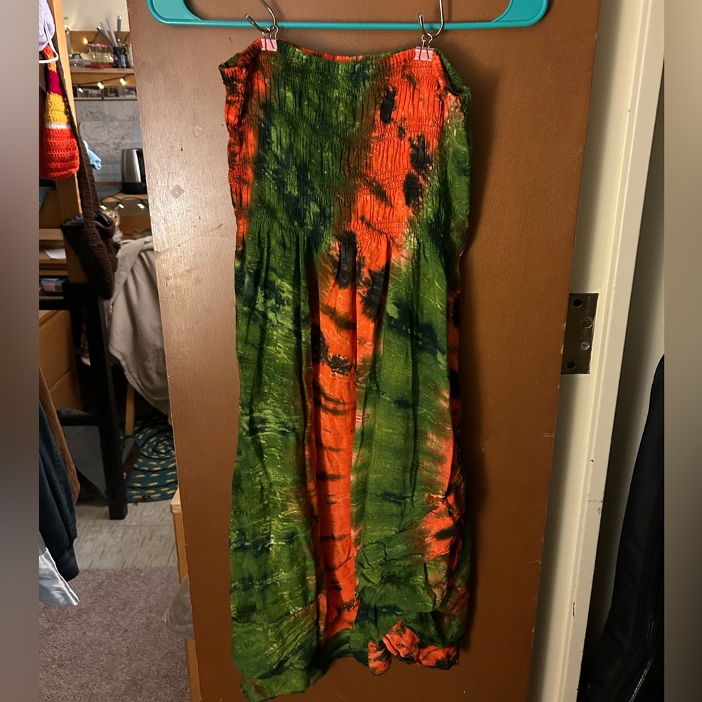 Swimsuit cover up. Strapless dress. Long tie-die skirt.
